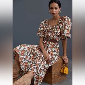 Anthropologie Love the Label Fall Floral Puff Sleeve Midi Dress Brown Cream M